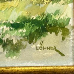 Ant popieriaus akvarele tapytas miško trobelės peizažas mediniame rėme su stiklu 2,5x61x48 cm