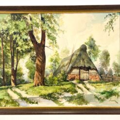 Ant popieriaus akvarele tapytas miško trobelės peizažas mediniame rėme su stiklu 2,5x61x48 cm