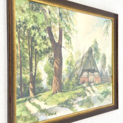 Ant popieriaus akvarele tapytas miško trobelės peizažas mediniame rėme su stiklu 2,5x61x48 cm