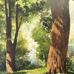 Ant popieriaus akvarele tapytas miško trobelės peizažas mediniame rėme su stiklu 2,5x61x48 cm