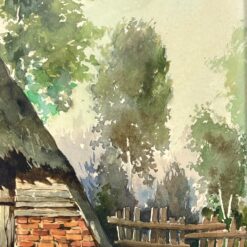 Ant popieriaus akvarele tapytas miško trobelės peizažas mediniame rėme su stiklu 2,5x61x48 cm