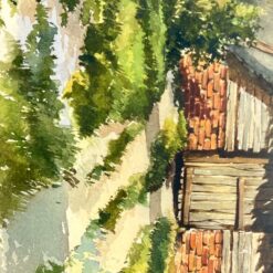 Ant popieriaus akvarele tapytas miško trobelės peizažas mediniame rėme su stiklu 2,5x61x48 cm