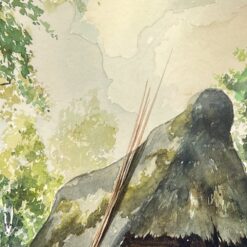 Ant popieriaus akvarele tapytas miško trobelės peizažas mediniame rėme su stiklu 2,5x61x48 cm