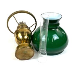 Žalvarinė žibalinė lempa su žalios spalvos stikliniu gaubtu 18x18x37,5 cm