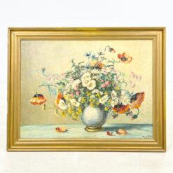 Ant kartono aliejiniais dažais tapytas gėlių puokštės natiurmortas mediniame rėme 4x92x72 cm