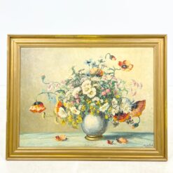 Ant kartono aliejiniais dažais tapytas gėlių puokštės natiurmortas mediniame rėme 4x92x72 cm