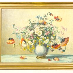 Ant kartono aliejiniais dažais tapytas gėlių puokštės natiurmortas mediniame rėme 4x92x72 cm