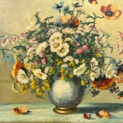 Ant kartono aliejiniais dažais tapytas gėlių puokštės natiurmortas mediniame rėme 4x92x72 cm