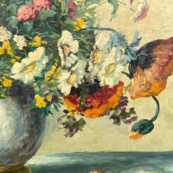 Ant kartono aliejiniais dažais tapytas gėlių puokštės natiurmortas mediniame rėme 4x92x72 cm