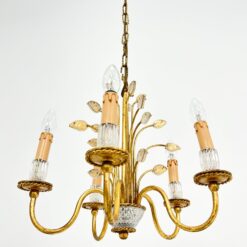 Metalinis penkių šakų sietynas su stiklo detalėmis, augalų lapų motyvais 43x43x94 cm