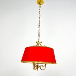 Žalvarinis pakabinamas šviestuvas popieriniu raudonos spalvos gaubtu 45x45x110 cm