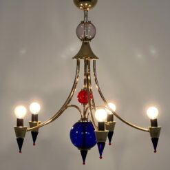 Vintažinis penkių šakų metalinis sietynas su spalvoto stiklo detalėmis 58x58x67 cm