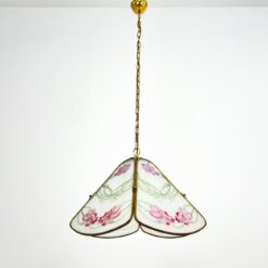 Žalvarinis pakabinamas šviestuvas su augalų motyvais dekoruotu stiklu 42x42x123 cm