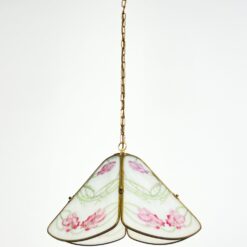 Žalvarinis pakabinamas šviestuvas su augalų motyvais dekoruotu stiklu 42x42x123 cm