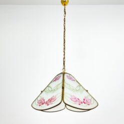 Žalvarinis pakabinamas šviestuvas su augalų motyvais dekoruotu stiklu 42x42x123 cm