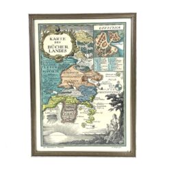 Lotte Roth alegorinis žemėlapis "Karte des Bücherlandes" mediniame rėme su stiklu 1,5x30,5x41,5 cm