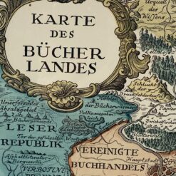 Lotte Roth alegorinis žemėlapis “Karte des Bücherlandes” mediniame rėme su stiklu 1,5×30,5×41,5 cm