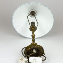 Žalvarinis stalinis šviestuvas žydros spalvos tekstilės gaubtu 27x27x39 cm