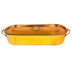 Variuoto metalo žuvies gaminimo indas su dangčiu ir žalvario rankenomis 17x51x13 cm