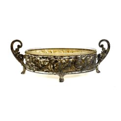 Art Nouveau laikotarpio sidabruoto metalo žardinjerė su stiklo įdėklu 13,5x30x10,5 cm