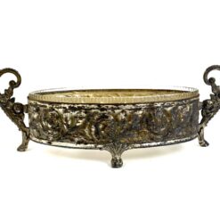 Art Nouveau laikotarpio sidabruoto metalo žardinjerė su stiklo įdėklu 13,5x30x10,5 cm