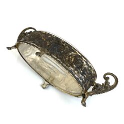 Art Nouveau laikotarpio sidabruoto metalo žardinjerė su stiklo įdėklu 13,5x30x10,5 cm