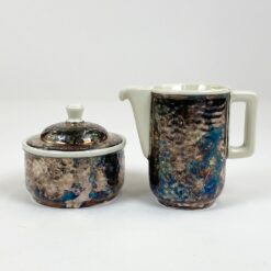 WMF Art Deco laikotarpio keramikiniai sidabruotu metalu dengti cukrinė ir ąsotėlis 2 vnt. komplektas
