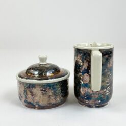 WMF Art Deco laikotarpio keramikiniai sidabruotu metalu dengti cukrinė ir ąsotėlis 2 vnt. komplektas