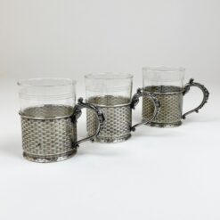 Schott & Gen. Jena stiklo stiklinės su sidabruoto metalo laikikliais po 220 ml 3 vnt. komplektas 7x11x9,5 cm