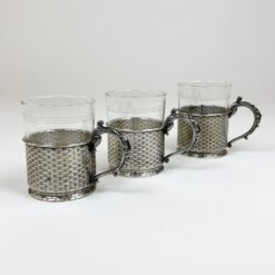 Schott & Gen. Jena stiklo stiklinės su sidabruoto metalo laikikliais po 220 ml 3 vnt. komplektas 7x11x9,5 cm