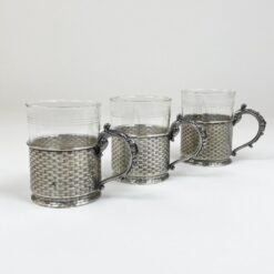 Schott & Gen. Jena stiklo stiklinės su sidabruoto metalo laikikliais po 220 ml 3 vnt. komplektas 7x11x9,5 cm