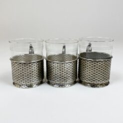 Schott & Gen. Jena stiklo stiklinės su sidabruoto metalo laikikliais po 220 ml 3 vnt. komplektas 7x11x9,5 cm