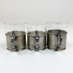 Schott & Gen. Jena stiklo stiklinės su sidabruoto metalo laikikliais po 220 ml 3 vnt. komplektas 7x11x9,5 cm