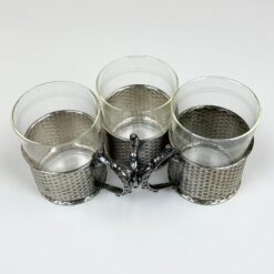 Schott & Gen. Jena stiklo stiklinės su sidabruoto metalo laikikliais po 220 ml 3 vnt. komplektas 7x11x9,5 cm
