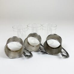 Schott & Gen. Jena stiklo stiklinės su sidabruoto metalo laikikliais po 220 ml 3 vnt. komplektas 7x11x9,5 cm