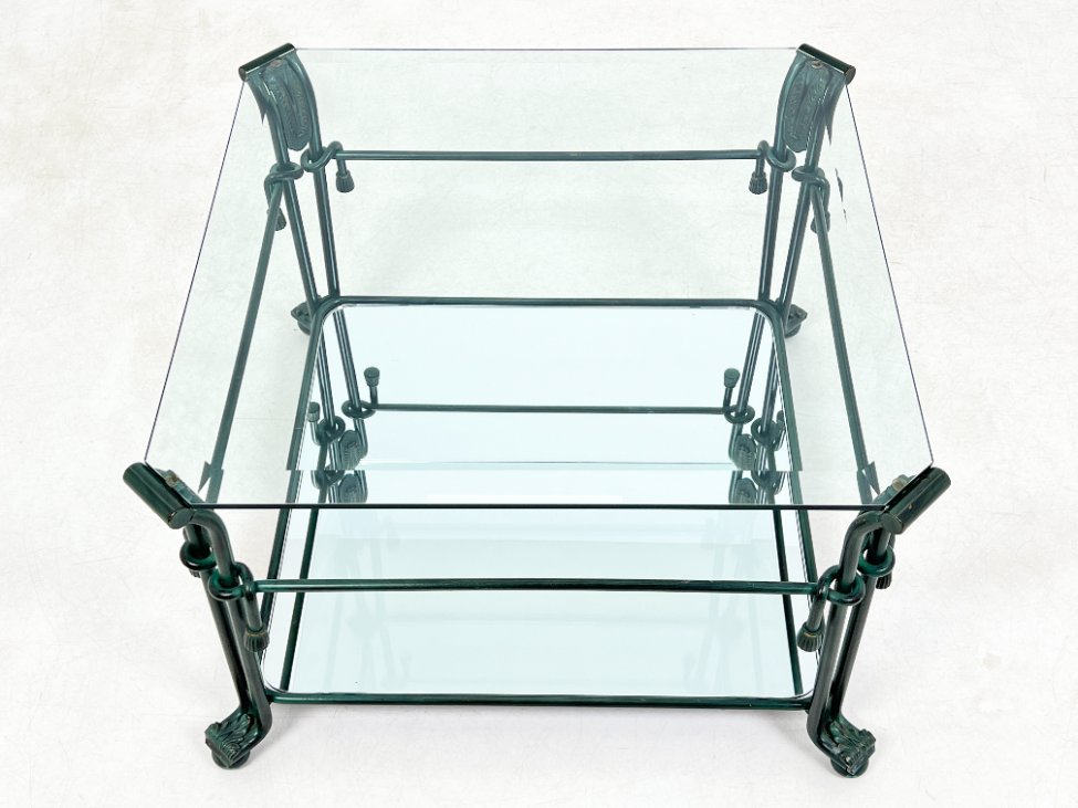 DS0255-stalai-5 Metalinis staliukas stikliniu stalviršiumi su veidrodinio stiklo lentyna 63x63x40 cm