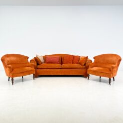 Oranžinės spalvos tekstilinė sofa su dviejais foteliais, 3 vnt. komplektas