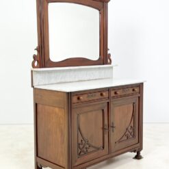 Art Nouveau raudonmedžio komoda su marmuriniu stalviršiumi ir veidrodžiu 51x111x186 cm