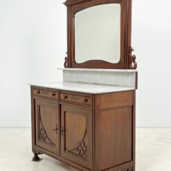 Art Nouveau raudonmedžio komoda su marmuriniu stalviršiumi ir veidrodžiu 51x111x186 cm