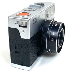 Vintažinis vokiškas Agfa Optima 500 Sensor juostinis fotoaparatas su odiniu dėklu 7×14,5×9 cm