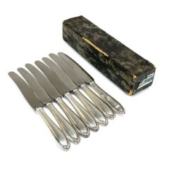 Vokiški Antrojo Pasaulinio karo laikotarpio nerūdijančio plieno peiliai sidabruoto metalo rankenomis 7 vnt. komplektas dėžutėje