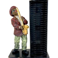 Stalinė CD kompaktų lentyna su saksofonisto figūra 17x34x46 cm
