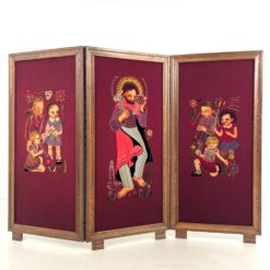 Ąžuolinio rėmo trijų segmentų širma su siuvinėtos tekstilės detalėmis 3×221,5×156 cm