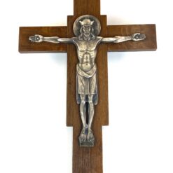 Ąžuolinis pakabinamas Art Deco laikotarpio Félix Jacques Bruxelles kryžius su metaline Jėzaus Kristaus figūra 3×33,5×44,5 cm