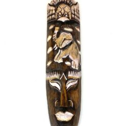 Pakabinama medinė kaukė su paukščio ir dramblio figūromis 7x13x49 cm