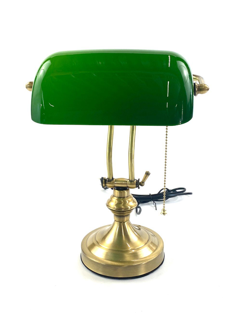 HB0592-staliniai-sviestuvai-1 Žalvarinis reguliuojamas bankininko stalinis šviestuvas stikliniu gaubtu 27x27x33 cm
