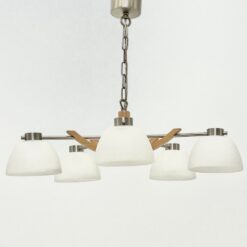 Pakabinamas Sorpetaler Leuchten penkių šakų šviestuvas iš metalo ir medžio su stikliniais gaubtais 57x57x46 cm
