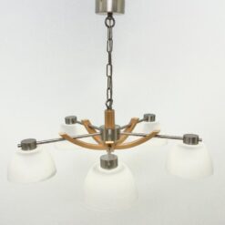 Pakabinamas Sorpetaler Leuchten penkių šakų šviestuvas iš metalo ir medžio su stikliniais gaubtais 57x57x46 cm