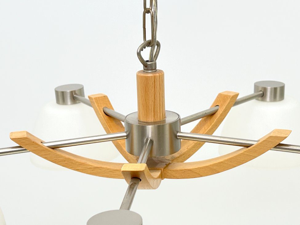 HN2956-pakabinami-sviestuvai-6 Pakabinamas Sorpetaler Leuchten penkių šakų šviestuvas iš metalo ir medžio su stikliniais gaubtais 57x57x46 cm