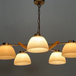 Pakabinamas Sorpetaler Leuchten penkių šakų šviestuvas iš metalo ir medžio su stikliniais gaubtais 57x57x46 cm